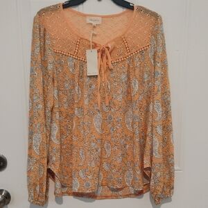 MELLODAY Orange Paisley Eyelet Tie-Front Blouse Size Large NWT